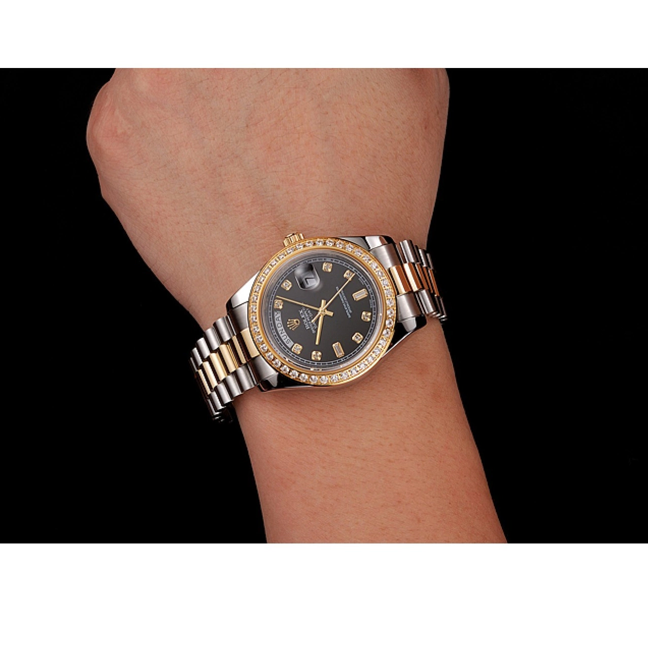 Aaa replica watch Dial Steel Gold Tone Swiss Bracelet Two 1453976 Stainless Rolex Case Diamond Day-Date Black 0726